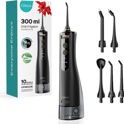 COSLUS Cordless Water Flosser & Dental Pick for Teeth, Braces, Gums Care – Advanced 10 Pressure Settings for Multiple Users, Rechargeable, Portable for Travel, BPA-Free, Black, E40(WFP14)