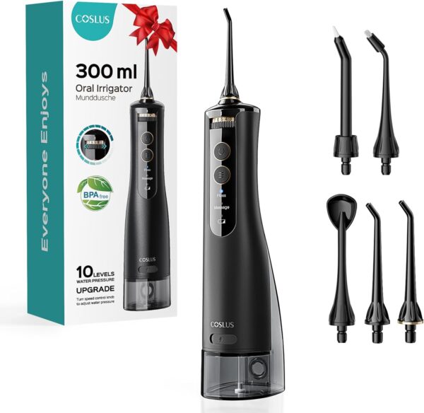 COSLUS Cordless Water Flosser & Dental Pick for Teeth, Braces, Gums Care - Advanced 10 Pressure Settings for Multiple Users, Rechargeable, Portable for Travel, BPA-Free, Black, E40(WFP14)